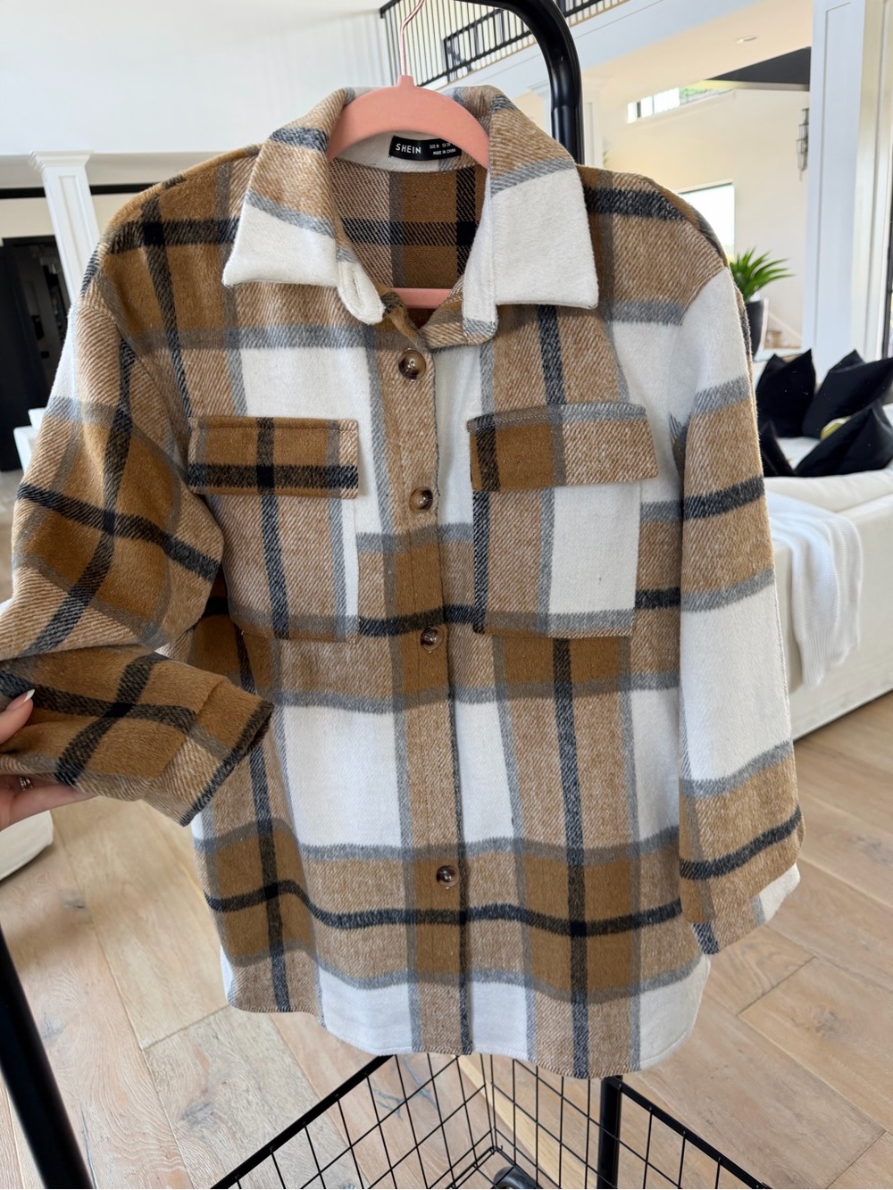 SHEIN Camel & White Plaid Shacket
